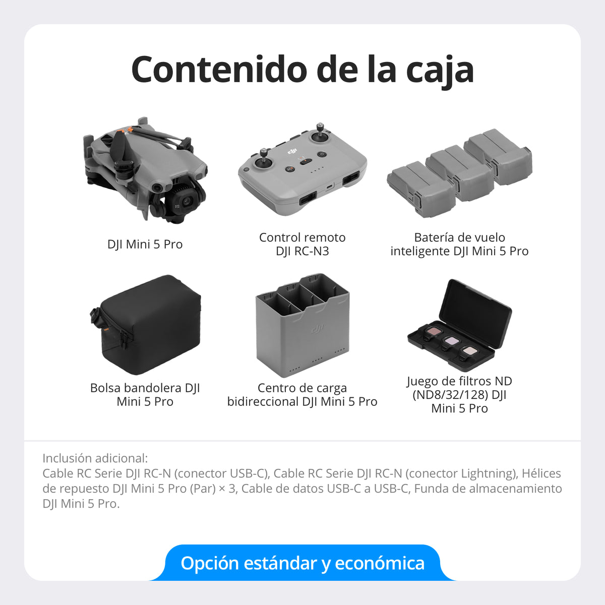 DJI Mini 5 Pro Fly More Combo - Contenido de la caja y accesorios incluidos