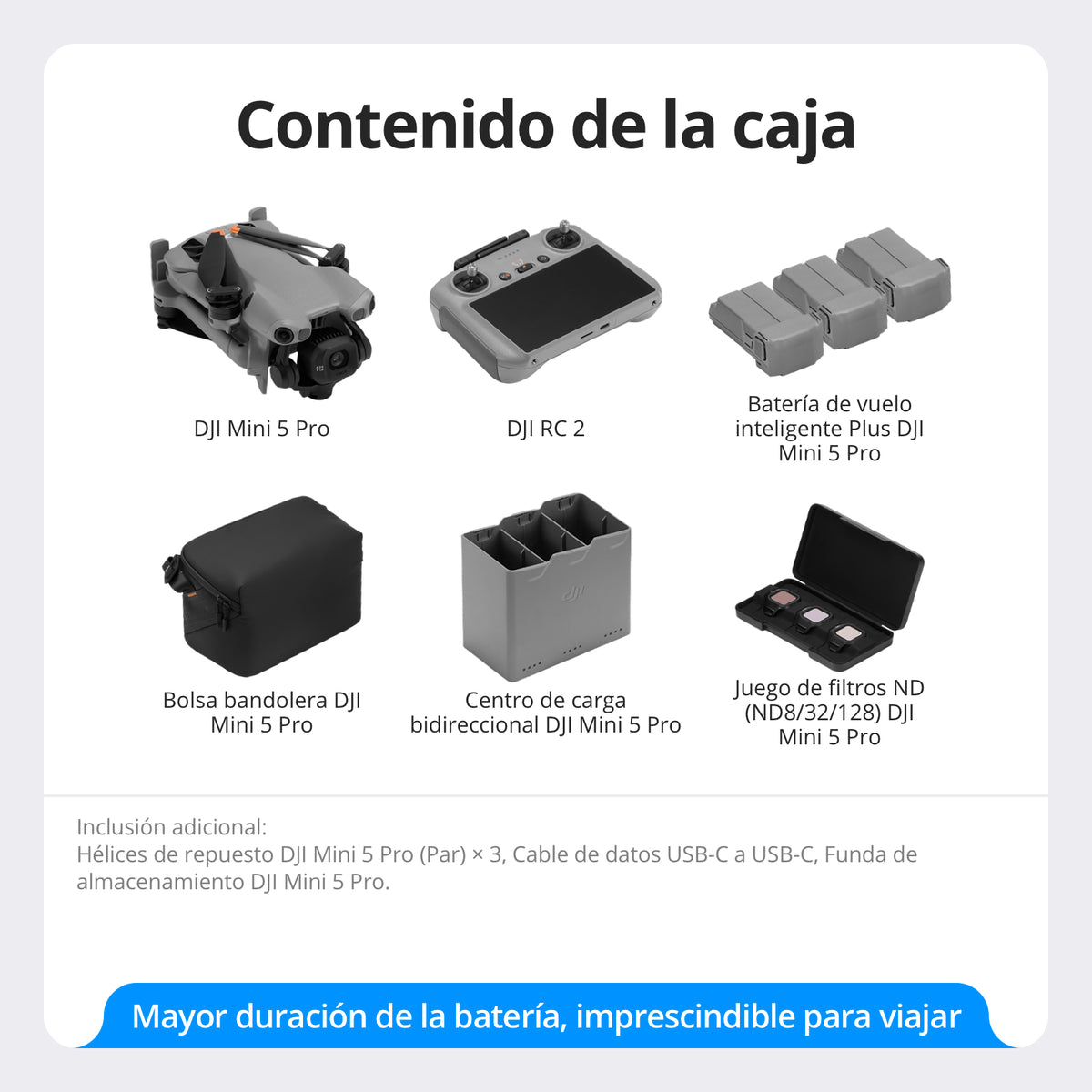 DJI Mini 5 Pro Fly More Combo Plus - Contenido de la caja y accesorios incluidos