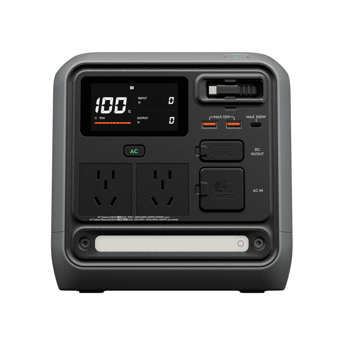 DJI Power 1000 Mini - Vista frontal con pantalla y puertos
